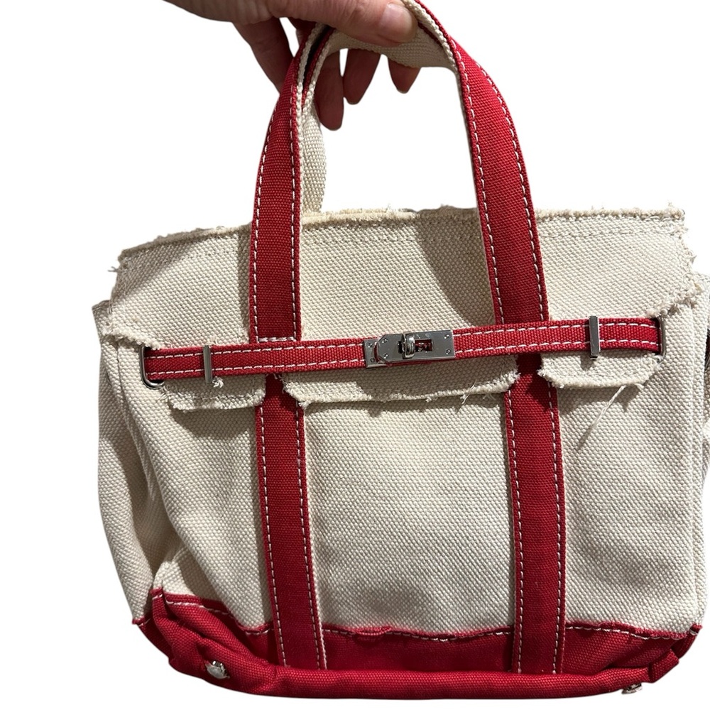 Viral Boatkin Inspired Canvas Small Tote Bag with Red Trim